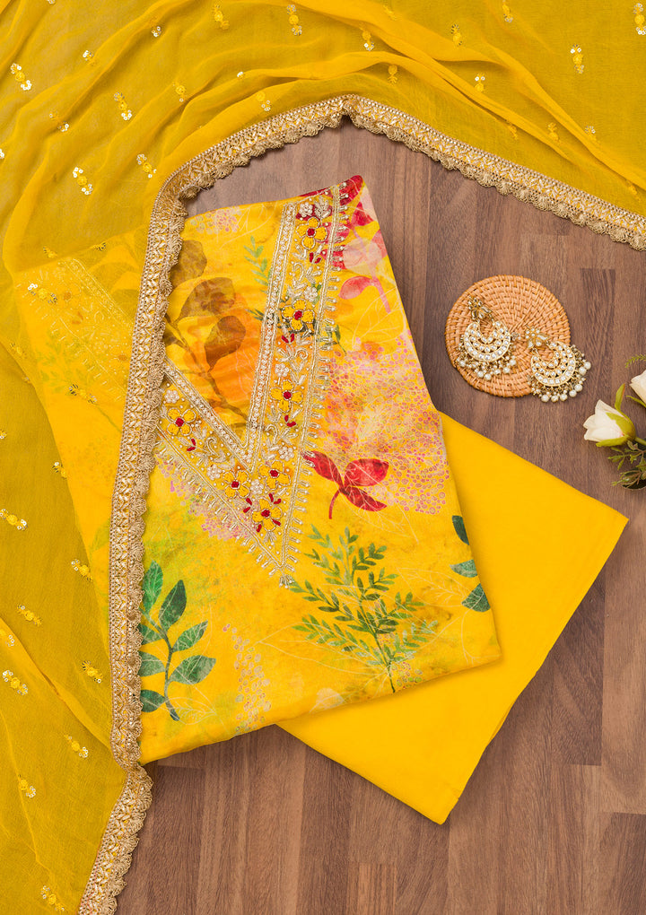 Yellow Printed Semi Crepe Unstitched Salwar Suit