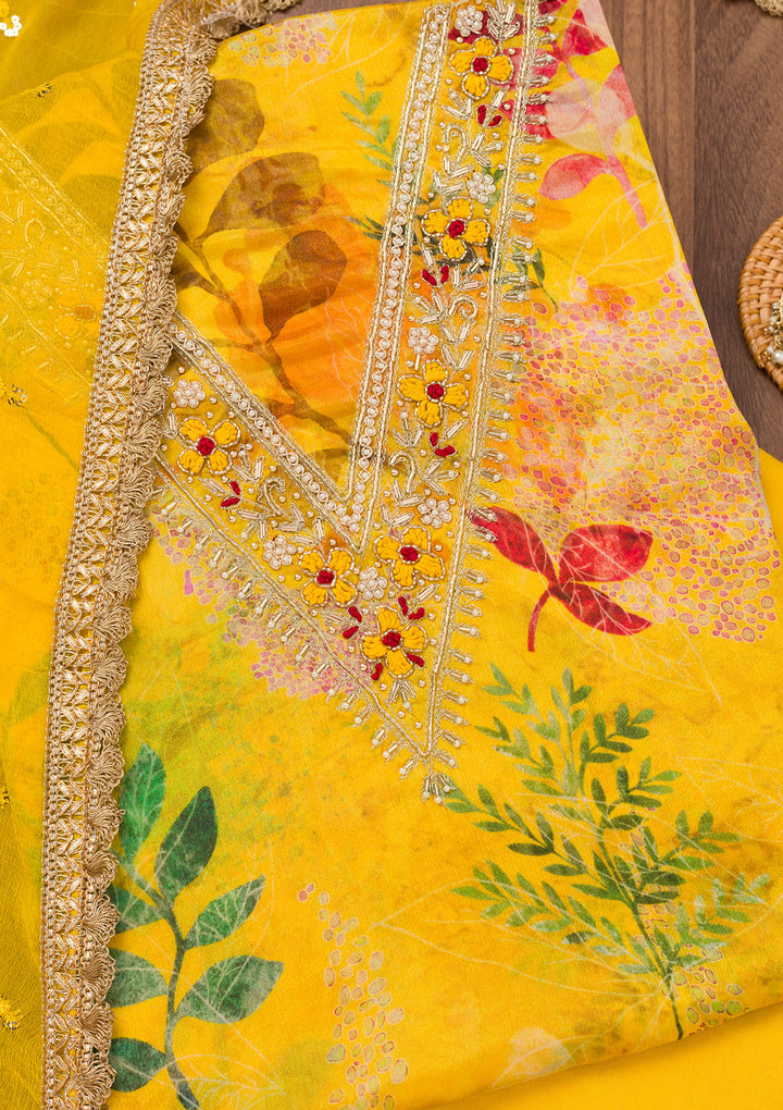 Yellow Printed Semi Crepe Unstitched Salwar Suit