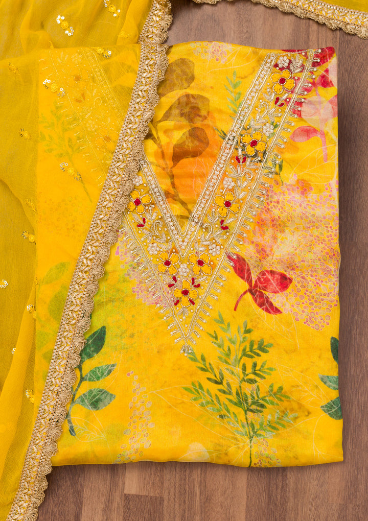 Yellow Printed Semi Crepe Unstitched Salwar Suit