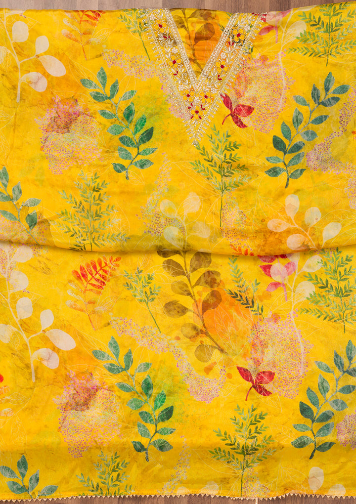 Yellow Printed Semi Crepe Unstitched Salwar Suit