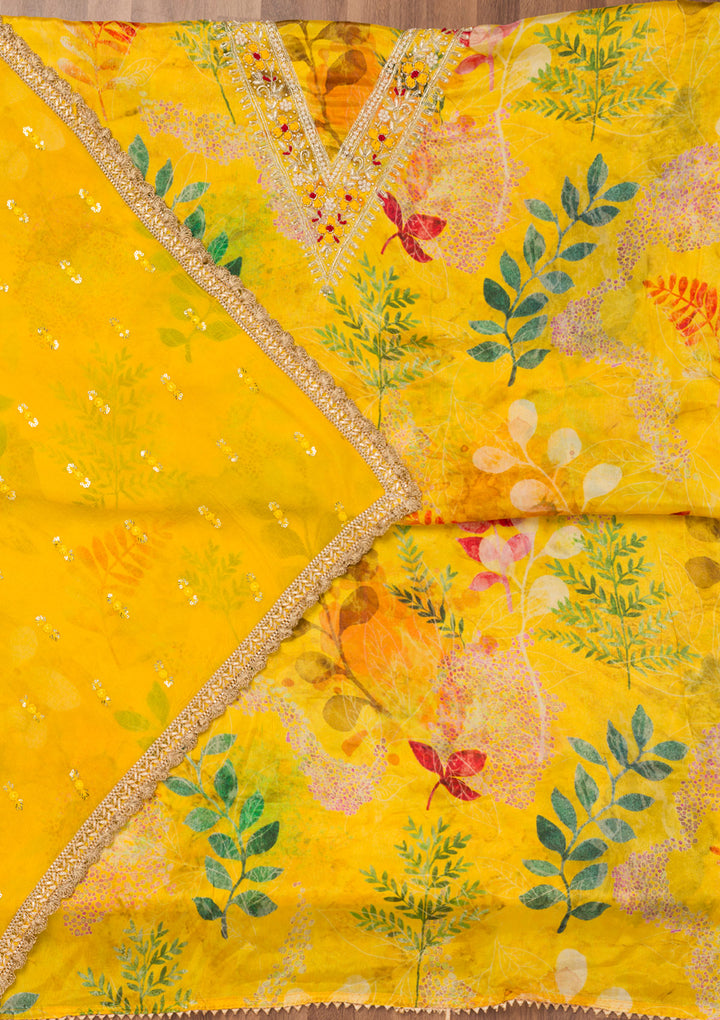 Yellow Printed Semi Crepe Unstitched Salwar Suit