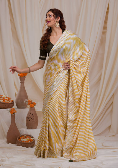 Yellow Printed Semi Crepe Saree-Koskii