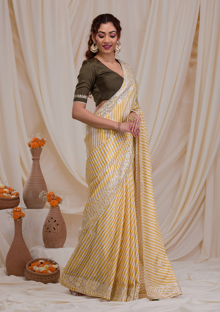 Yellow Printed Semi Crepe Saree