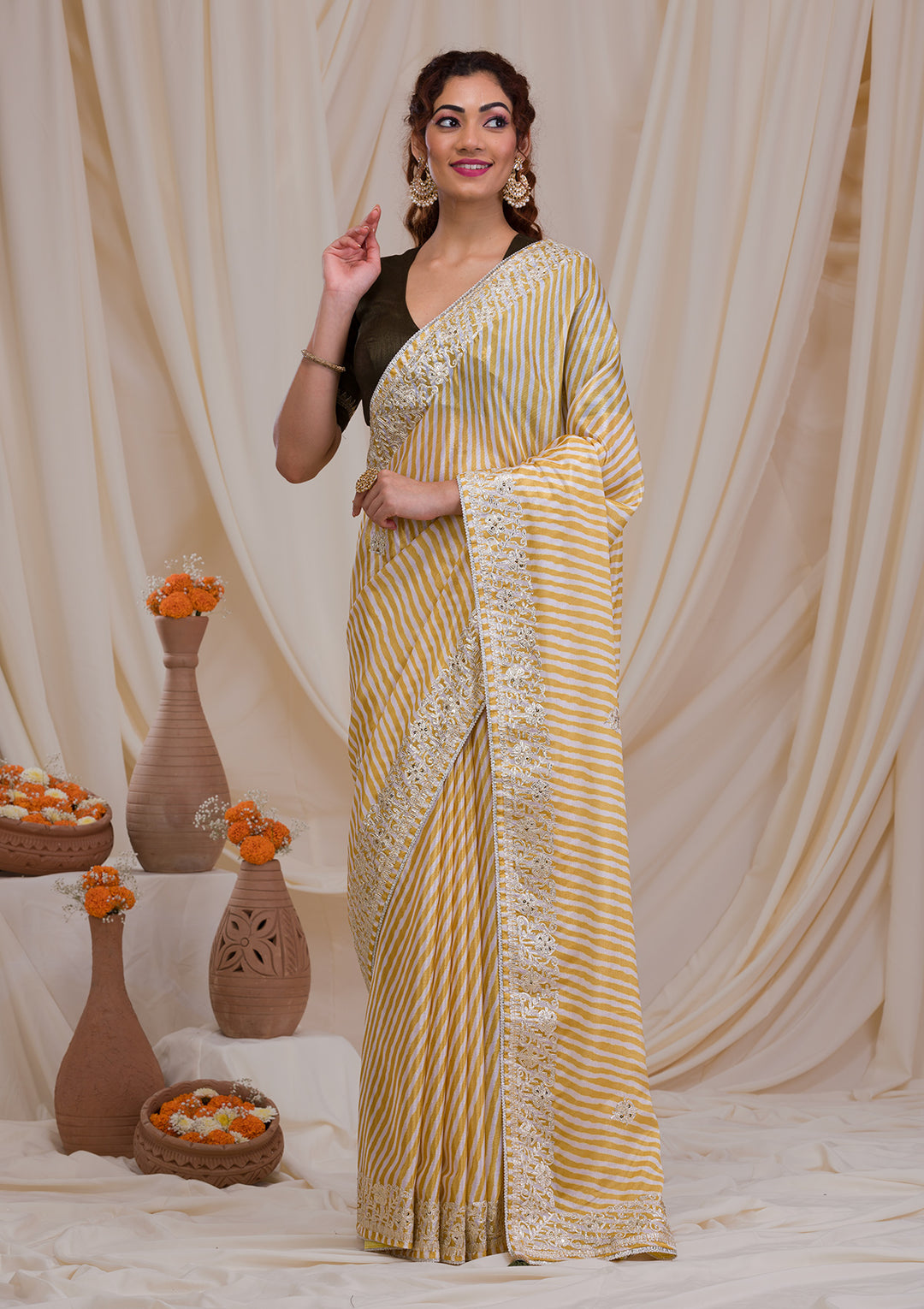 Yellow Printed Semi Crepe Saree