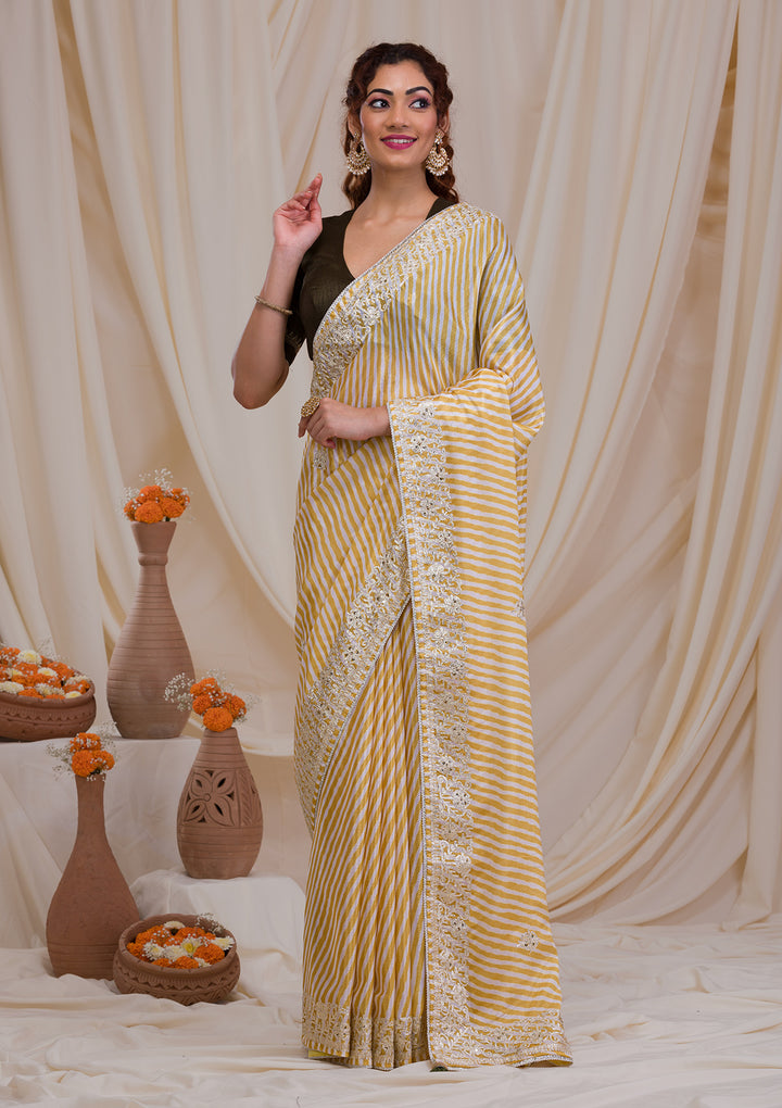 Yellow Printed Semi Crepe Saree
