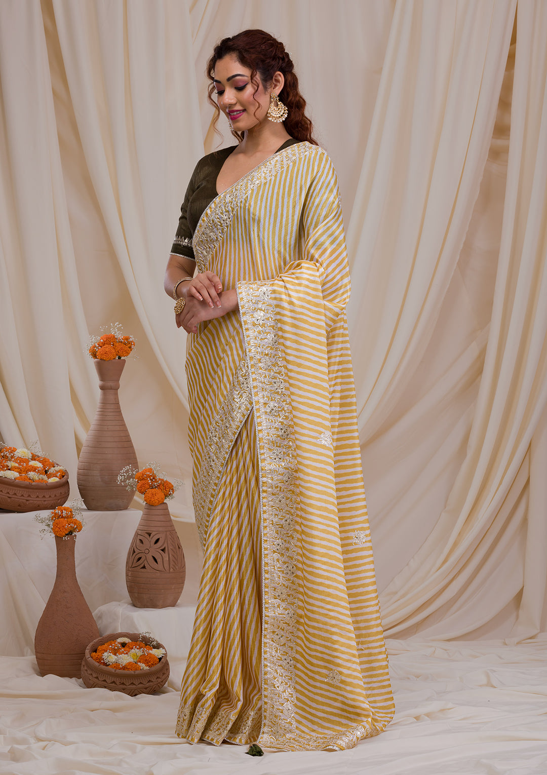 Yellow Printed Semi Crepe Saree