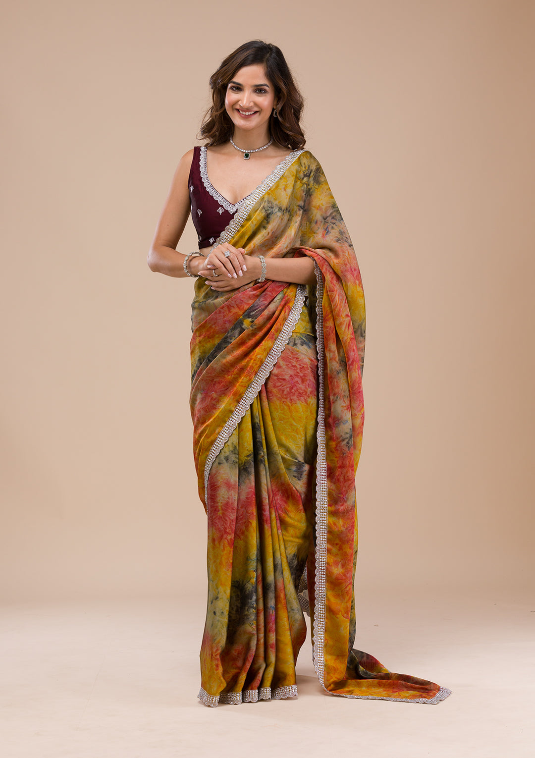Yellow Printed Semi Crepe Saree