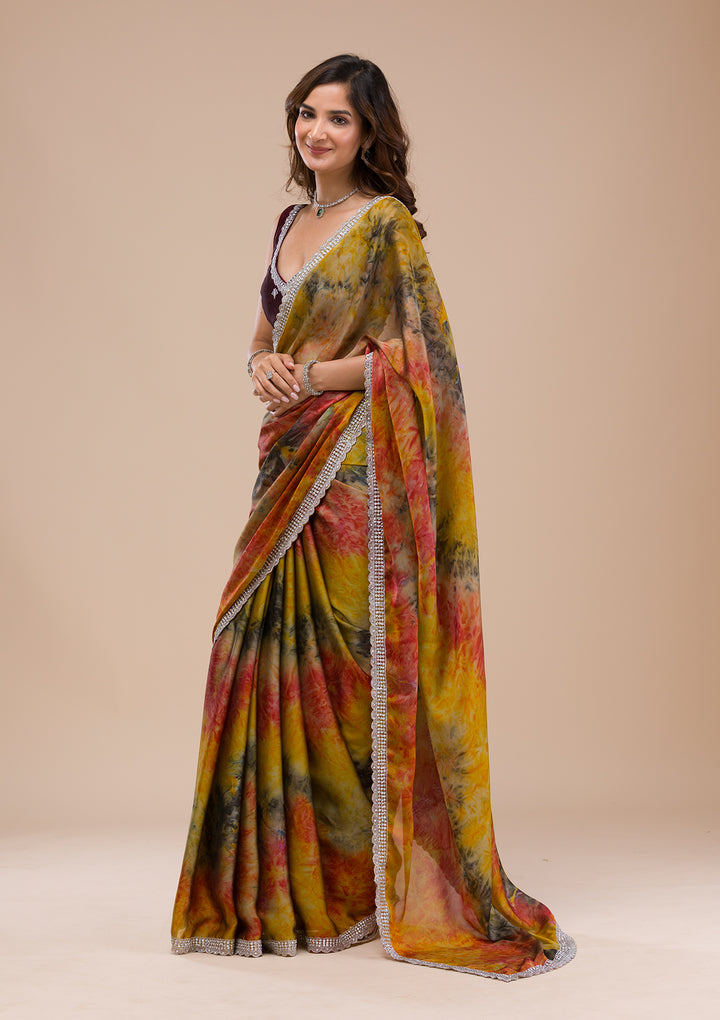 Yellow Printed Semi Crepe Saree