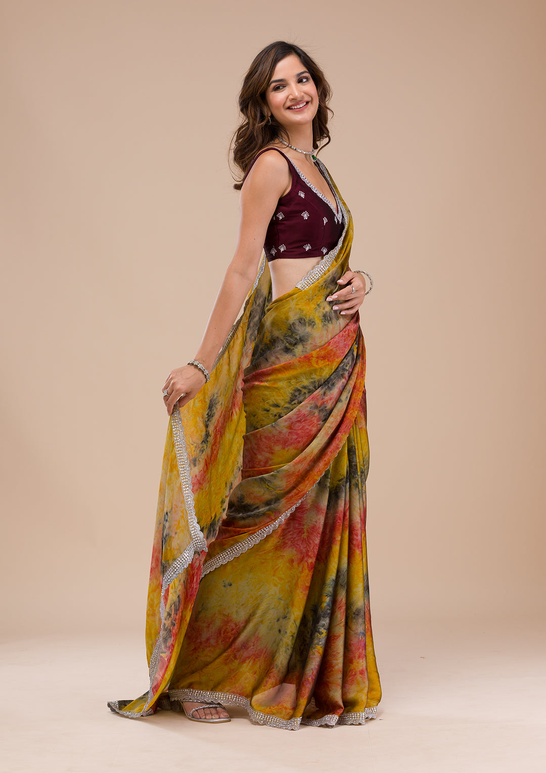 Yellow Printed Semi Crepe Saree