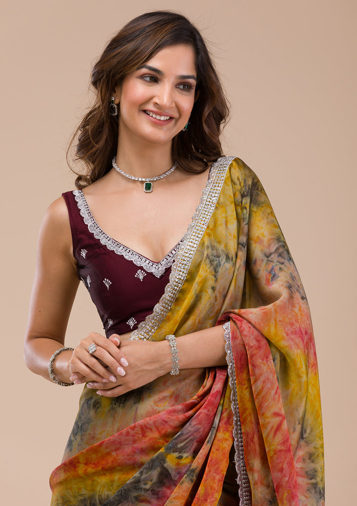 Yellow Printed Semi Crepe Saree