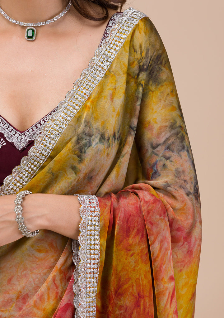 Yellow Printed Semi Crepe Saree