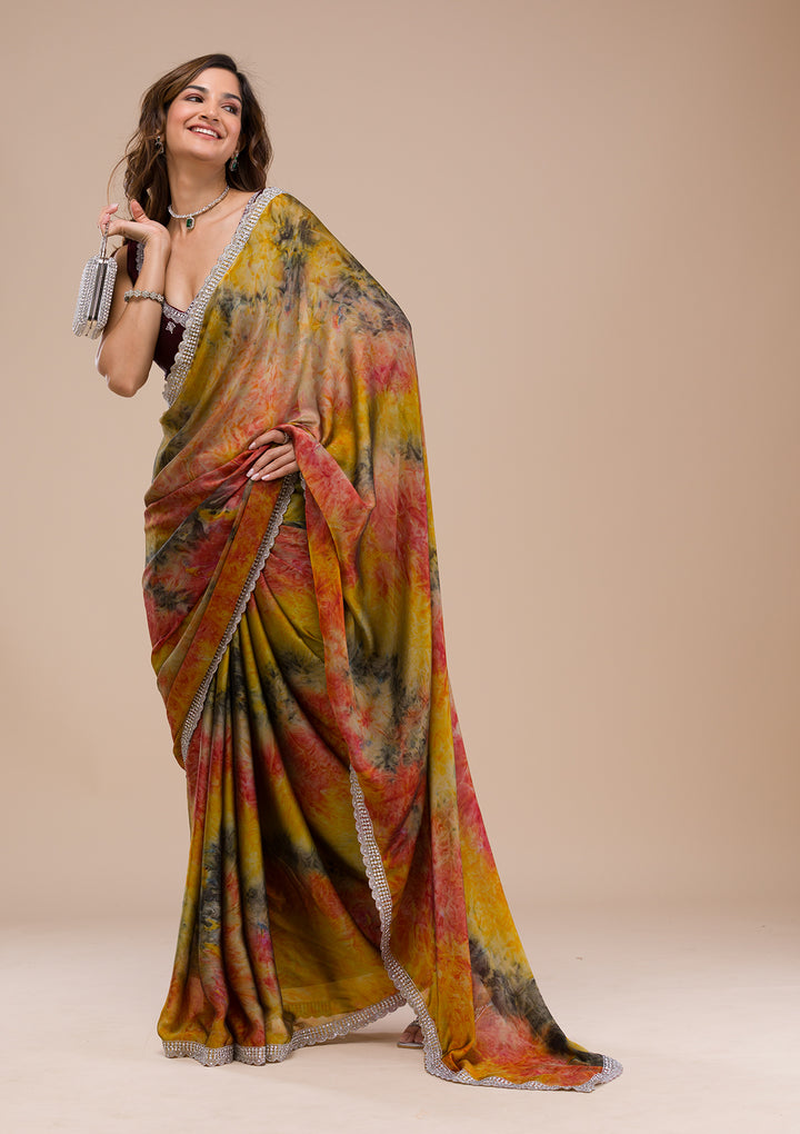 Yellow Printed Semi Crepe Saree