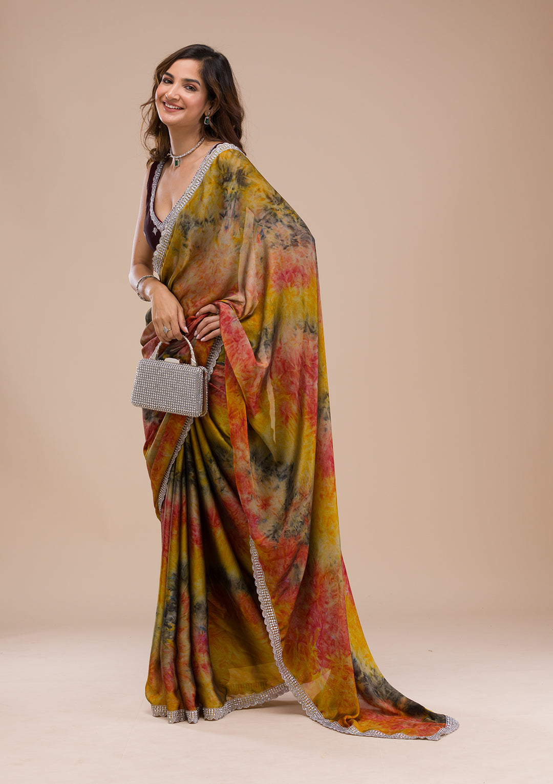 Yellow Printed Semi Crepe Saree