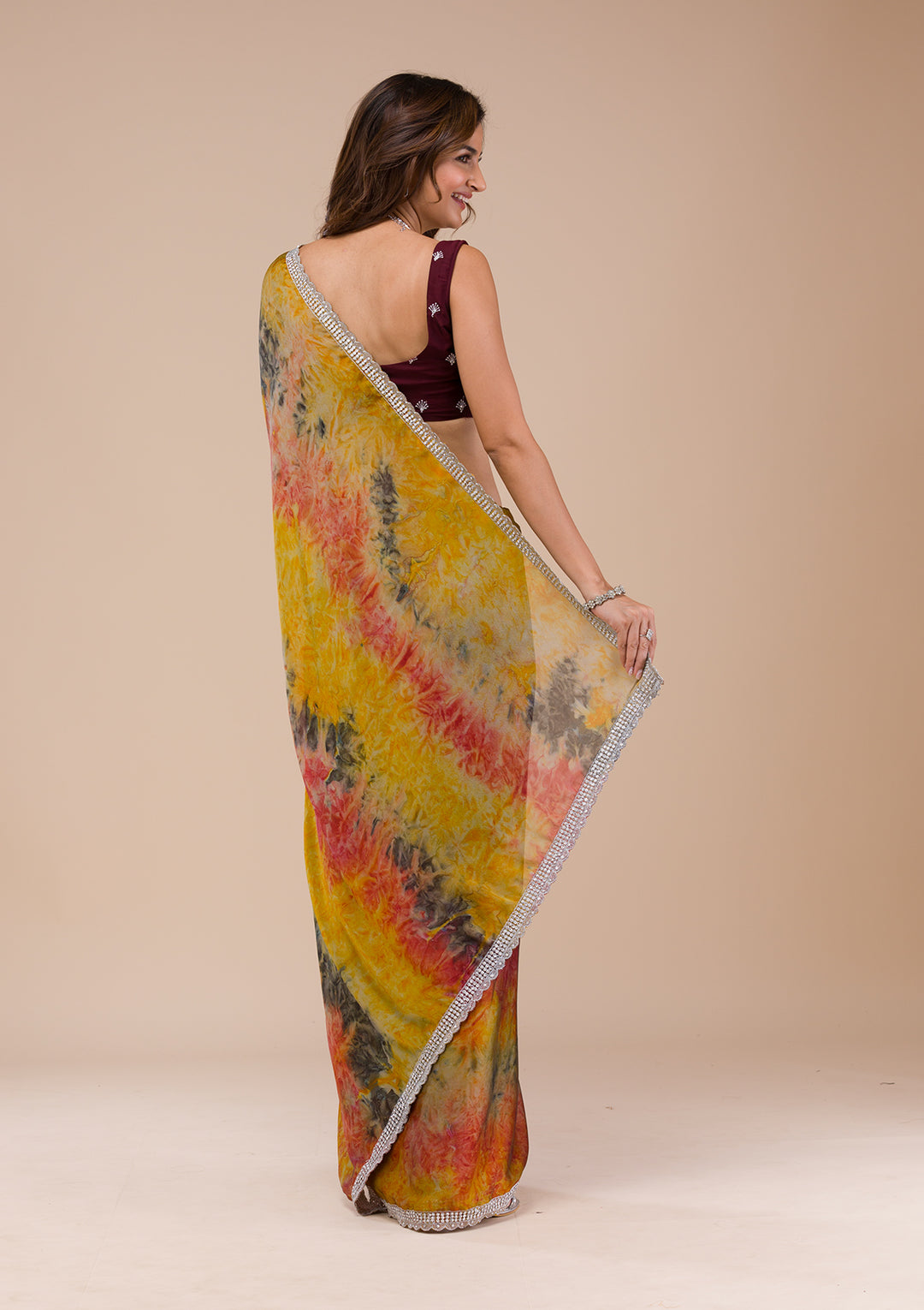 Yellow Printed Semi Crepe Saree