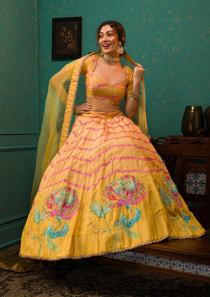 Yellow Sequins Crepe Semi Stitched Lehenga