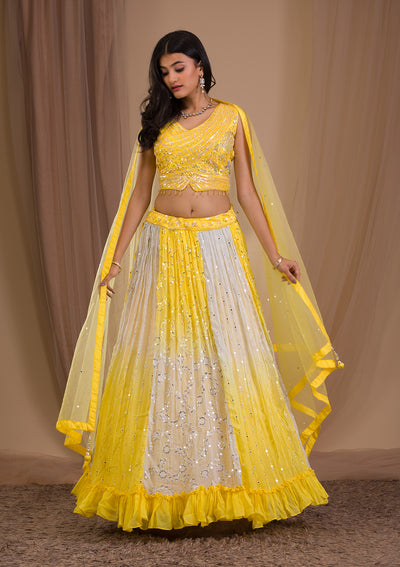 Yellow Sequins Georgette Readymade Lehenga-Koskii