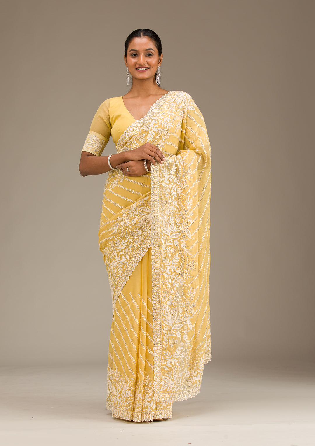Yellow Sequins Georgette Saree