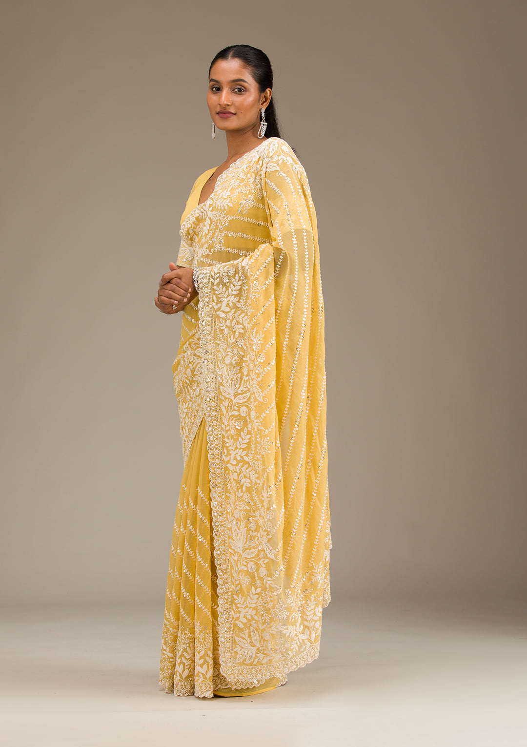 Yellow Sequins Georgette Saree