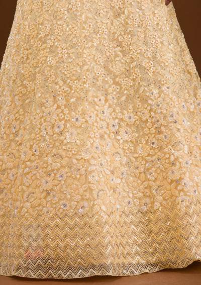 Yellow Sequins Net Semi Stitched Lehenga