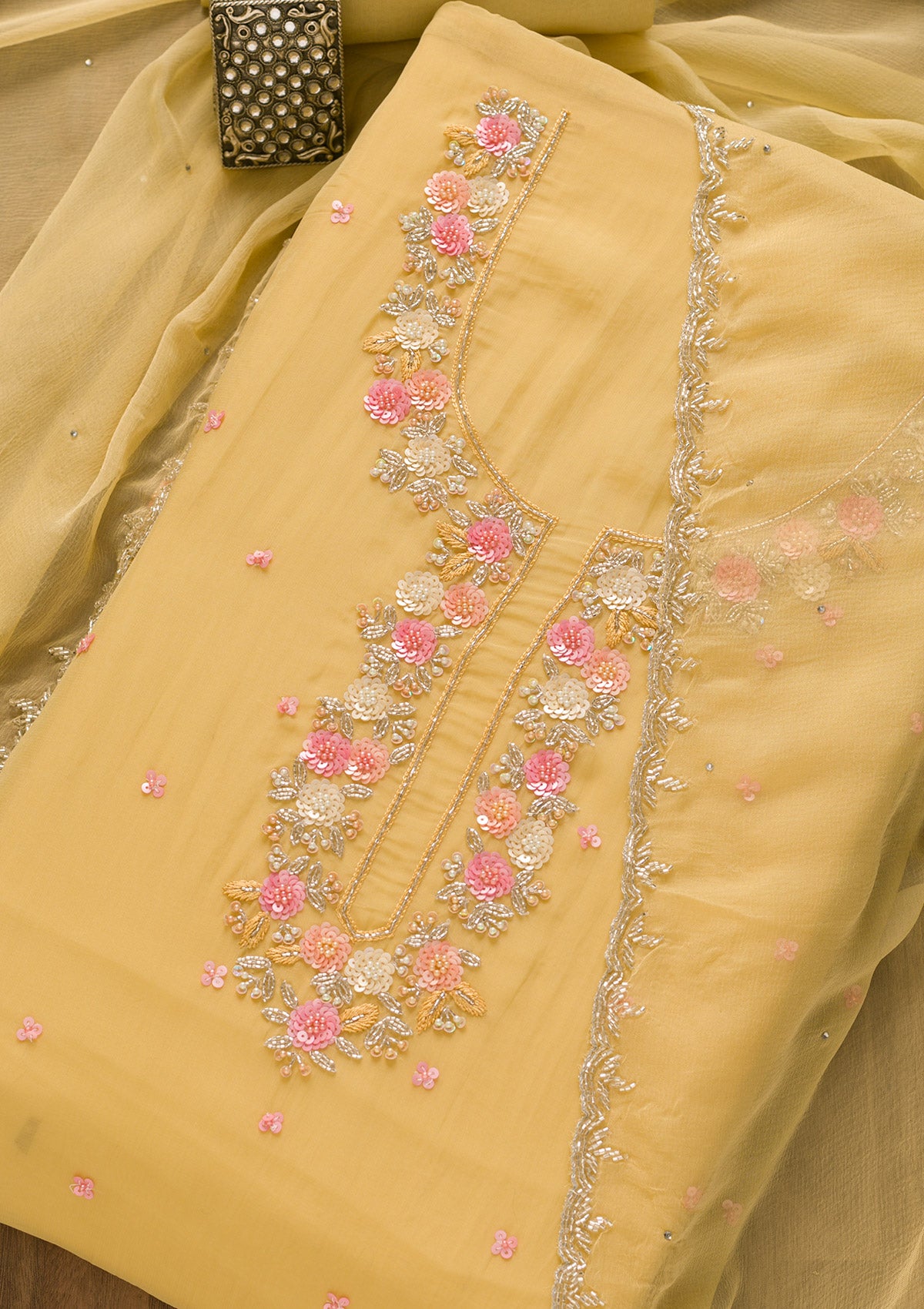 Yellow Sequins Organza Unstitched Salwar Suit-Koskii