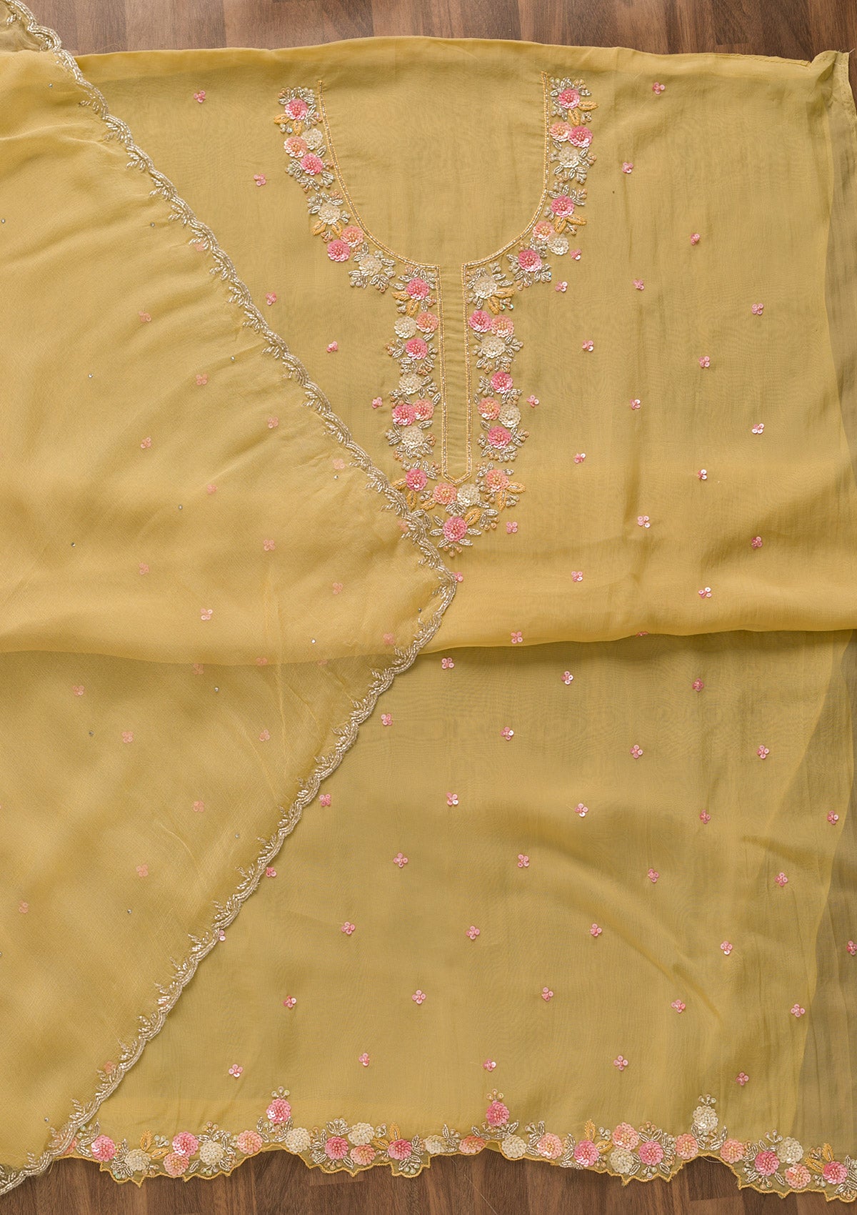 Yellow Sequins Organza Unstitched Salwar Suit-Koskii