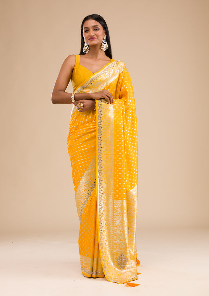 Yellow Stonework Banarasi Silk Saree