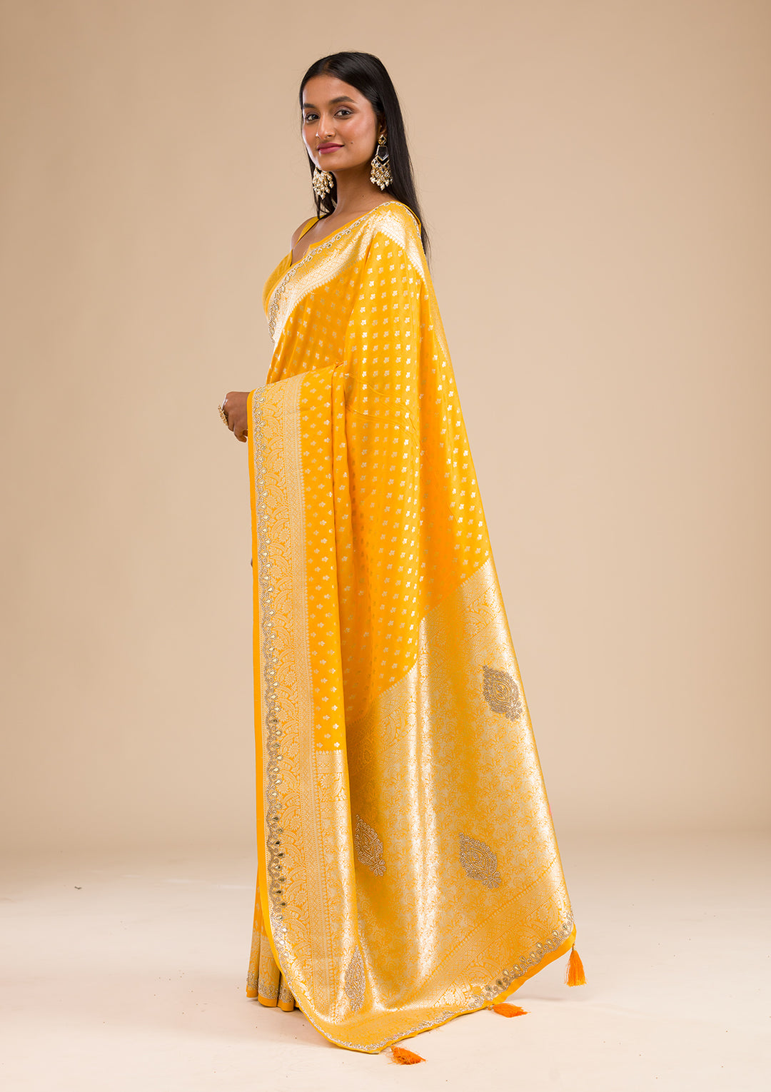 Yellow Stonework Banarasi Silk Saree
