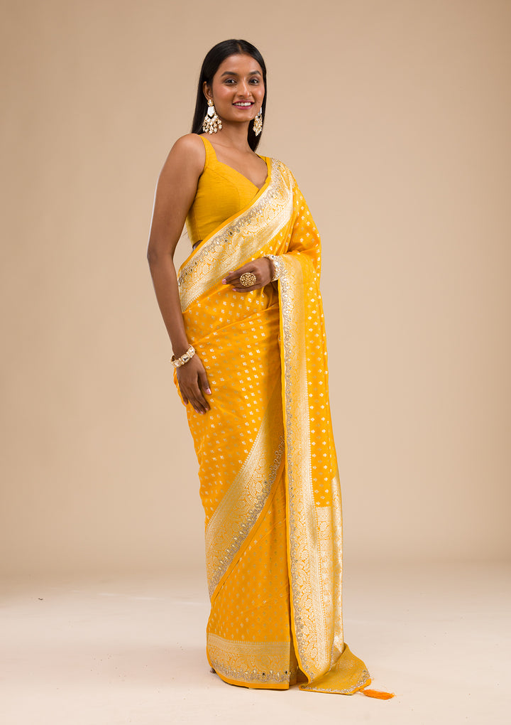 Yellow Stonework Banarasi Silk Saree