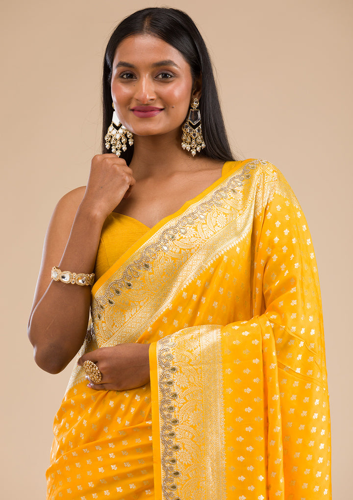 Yellow Stonework Banarasi Silk Saree