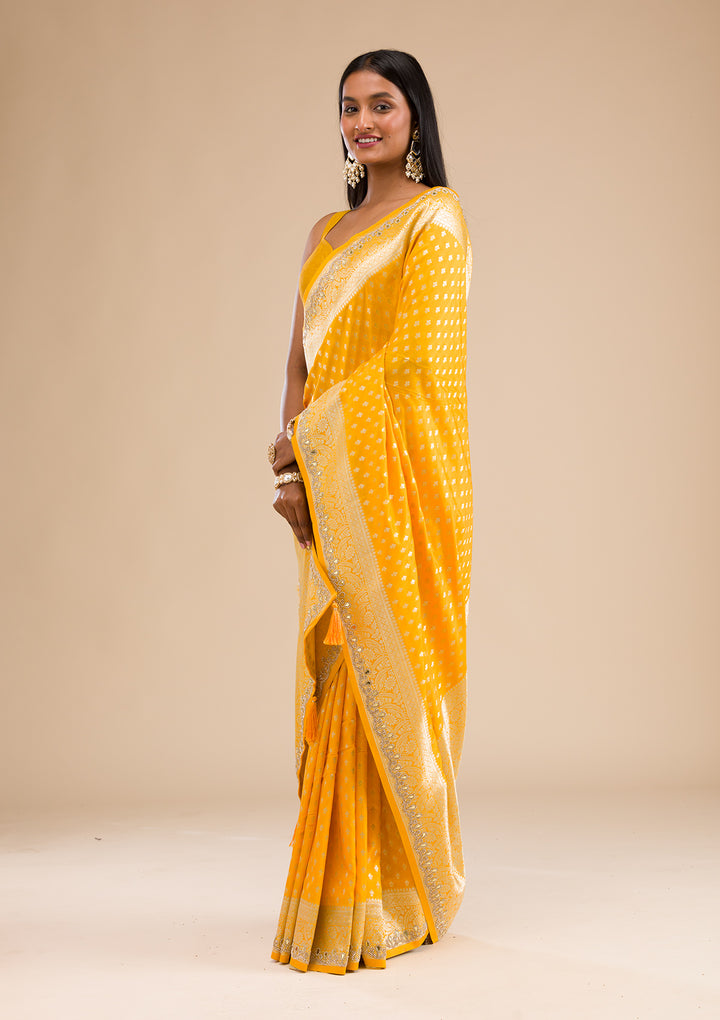 Yellow Stonework Banarasi Silk Saree