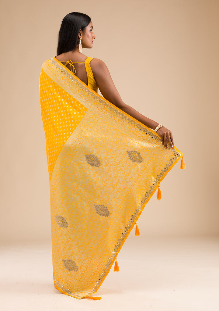 Yellow Stonework Banarasi Silk Saree