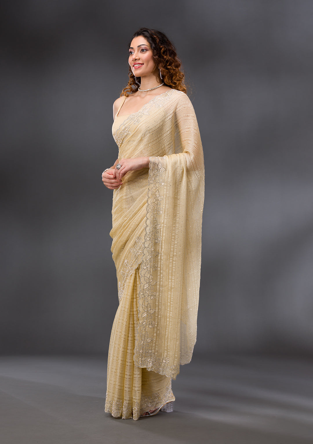 Yellow Stonework Chiffon Saree