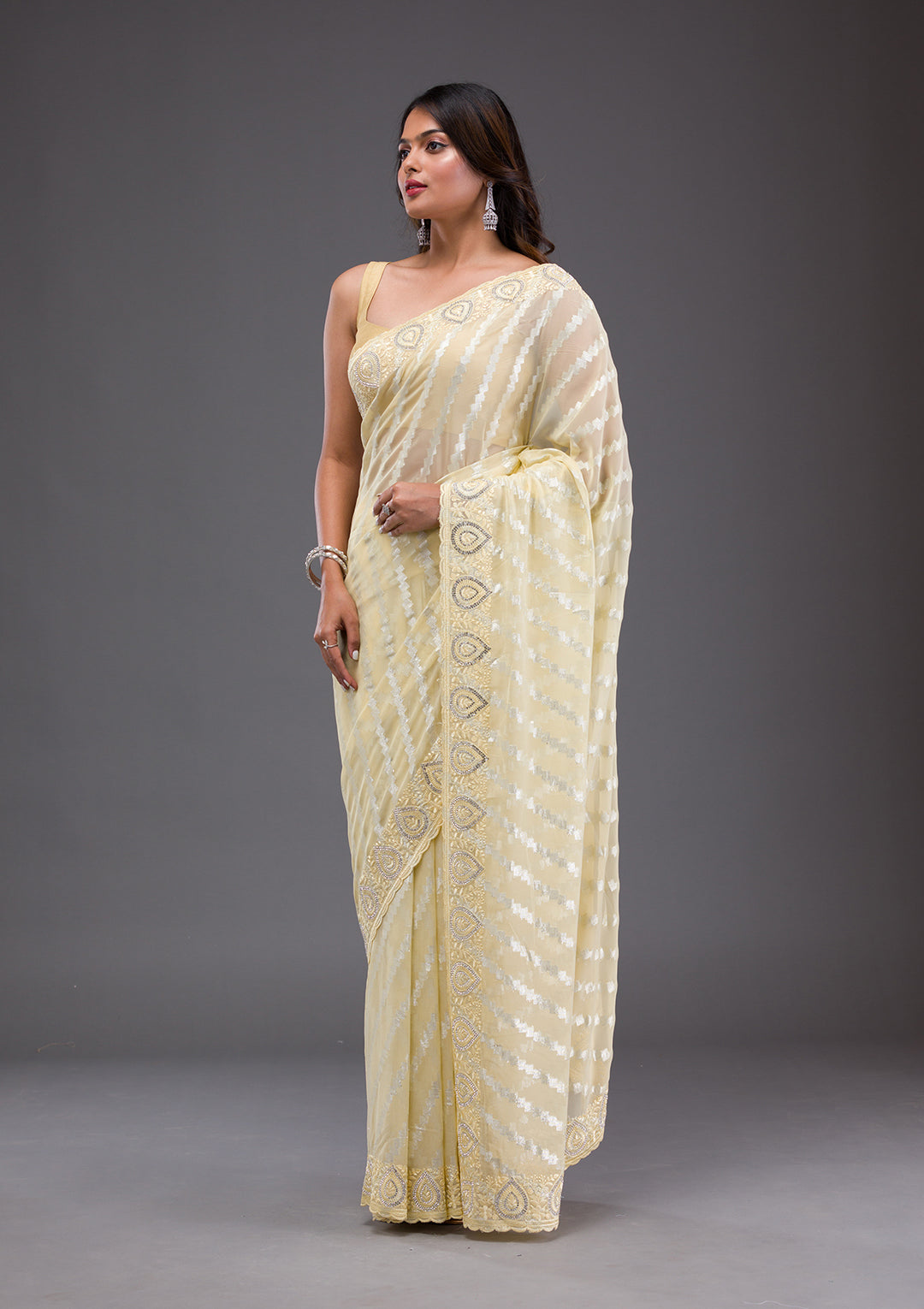 Yellow Stonework Satin Saree