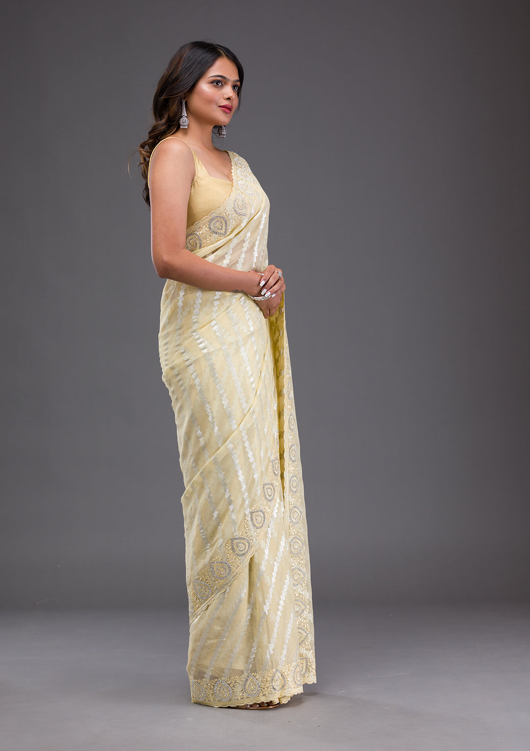 Yellow Stonework Satin Saree