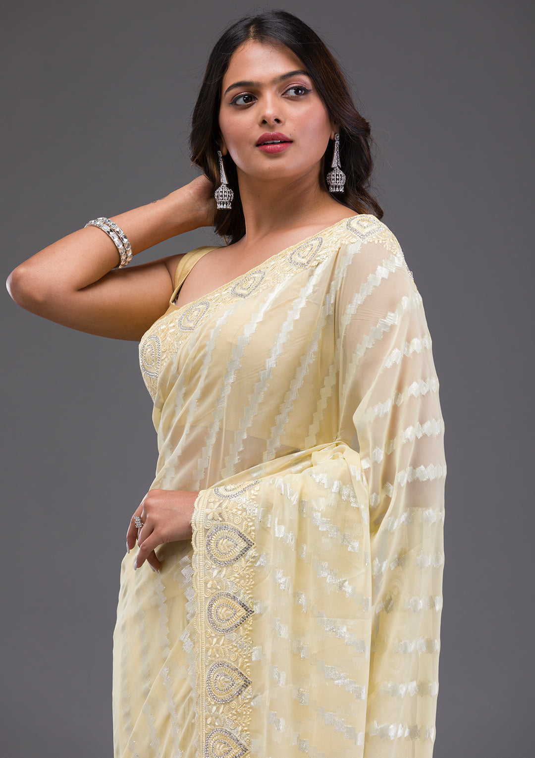 Yellow Stonework Satin Saree