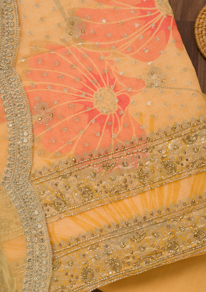Yellow Stonework Semi Crepe Unstitched Salwar Suit