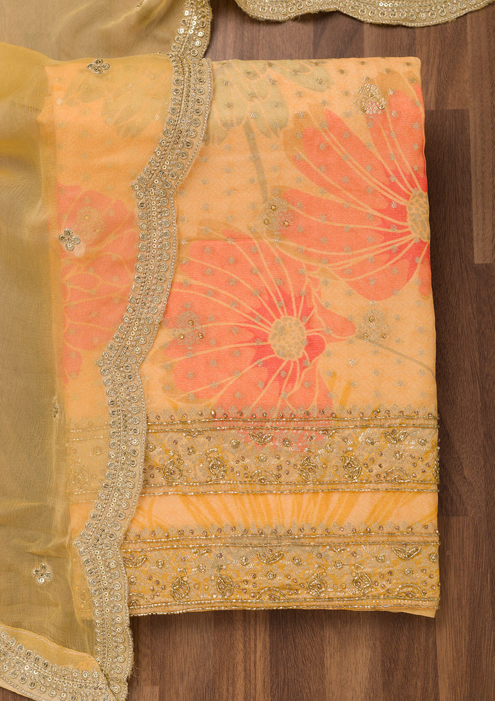 Yellow Stonework Semi Crepe Unstitched Salwar Suit