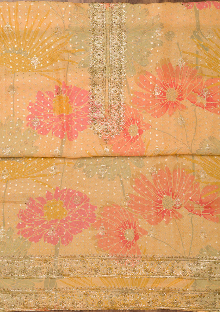 Yellow Stonework Semi Crepe Unstitched Salwar Suit