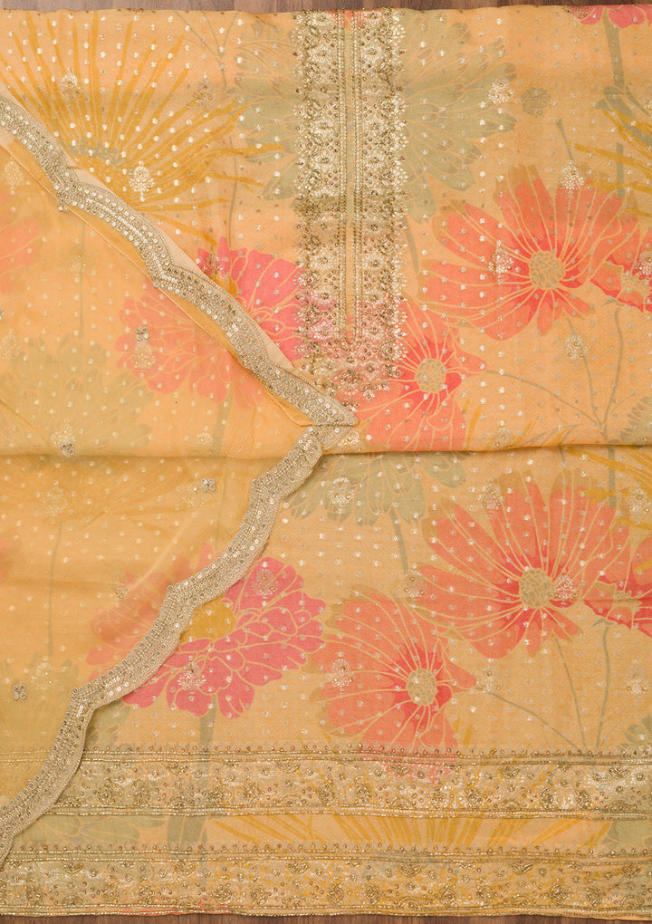 Yellow Stonework Semi Crepe Unstitched Salwar Suit