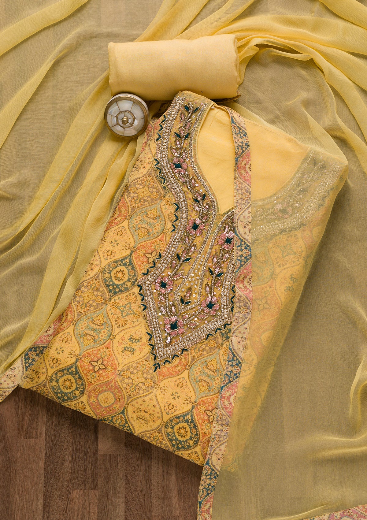Yellow Stonework Tissue Unstitched Salwar Suit