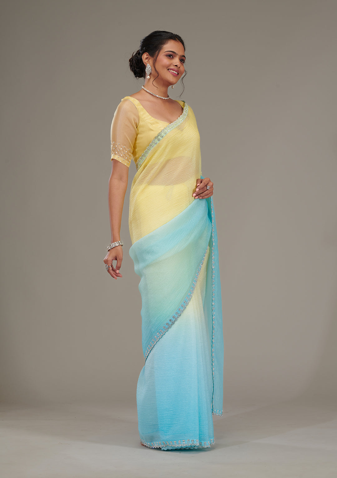 Yellow Stonework Tissue Saree