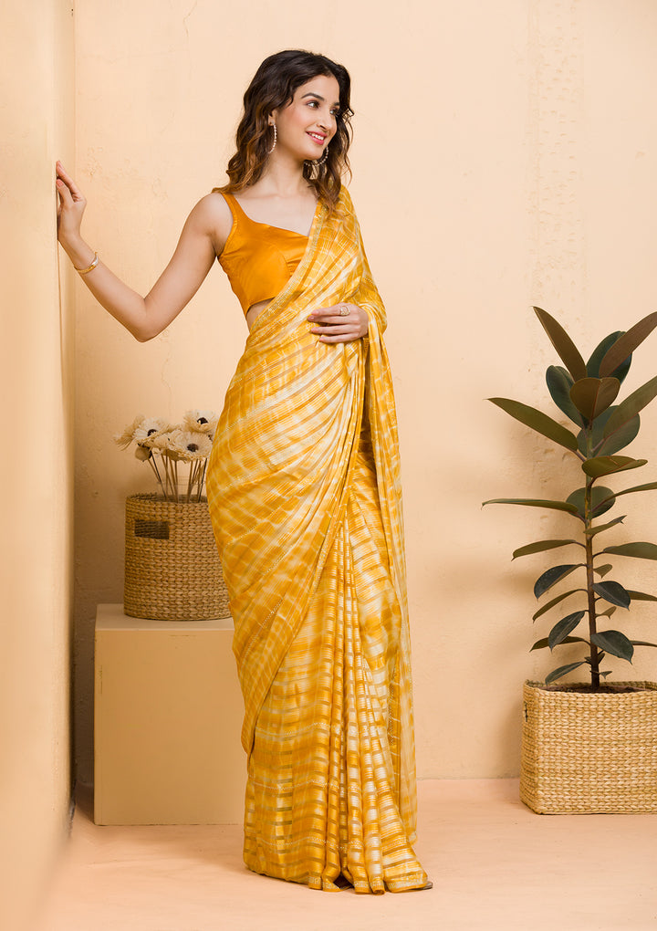 Yellow Swarovski Georgette Designer Saree