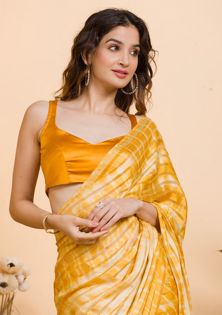 Yellow Swarovski Georgette Designer Saree