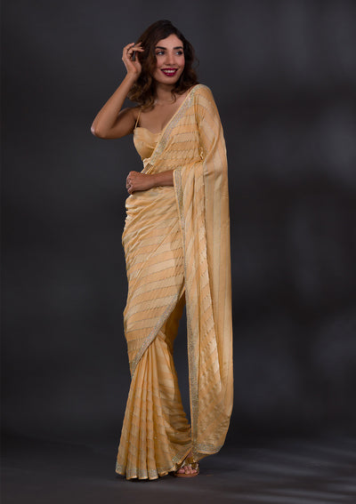 Yellow Swarovski Semi Crepe Designer Saree-Koskii