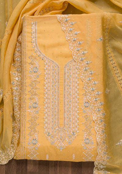 Yellow Swarovski Tissue Unstitched Salwar Suit