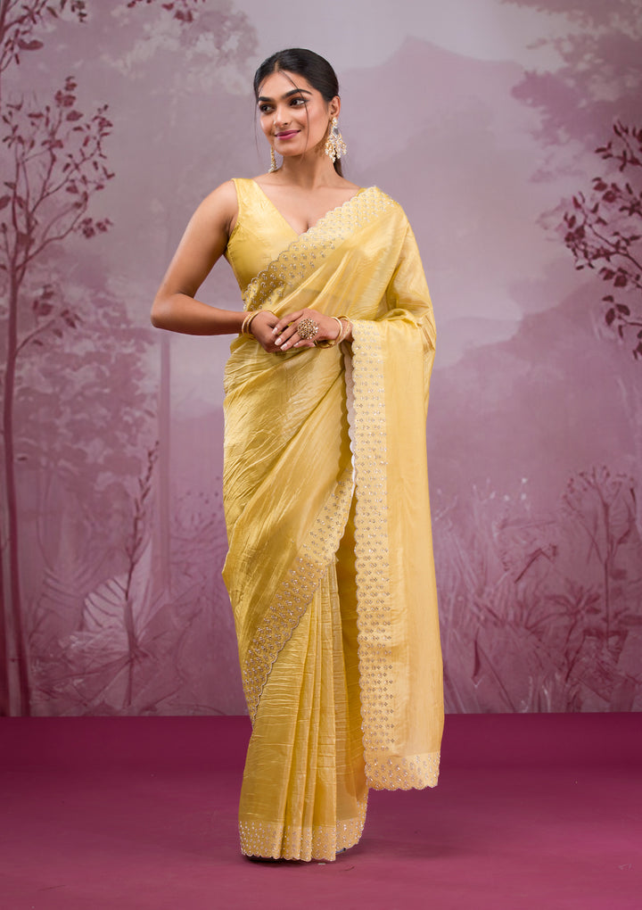 Yellow Swarovski Tissue Saree