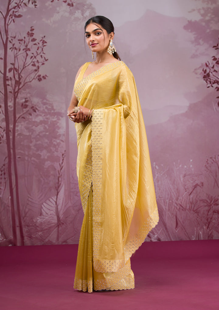 Yellow Swarovski Tissue Saree