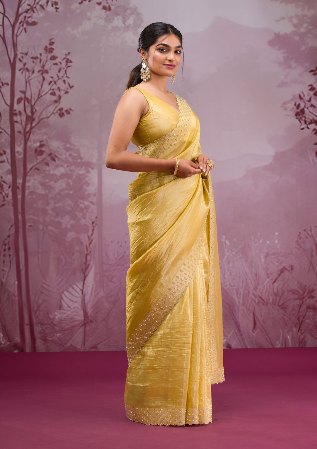 Yellow Swarovski Tissue Saree