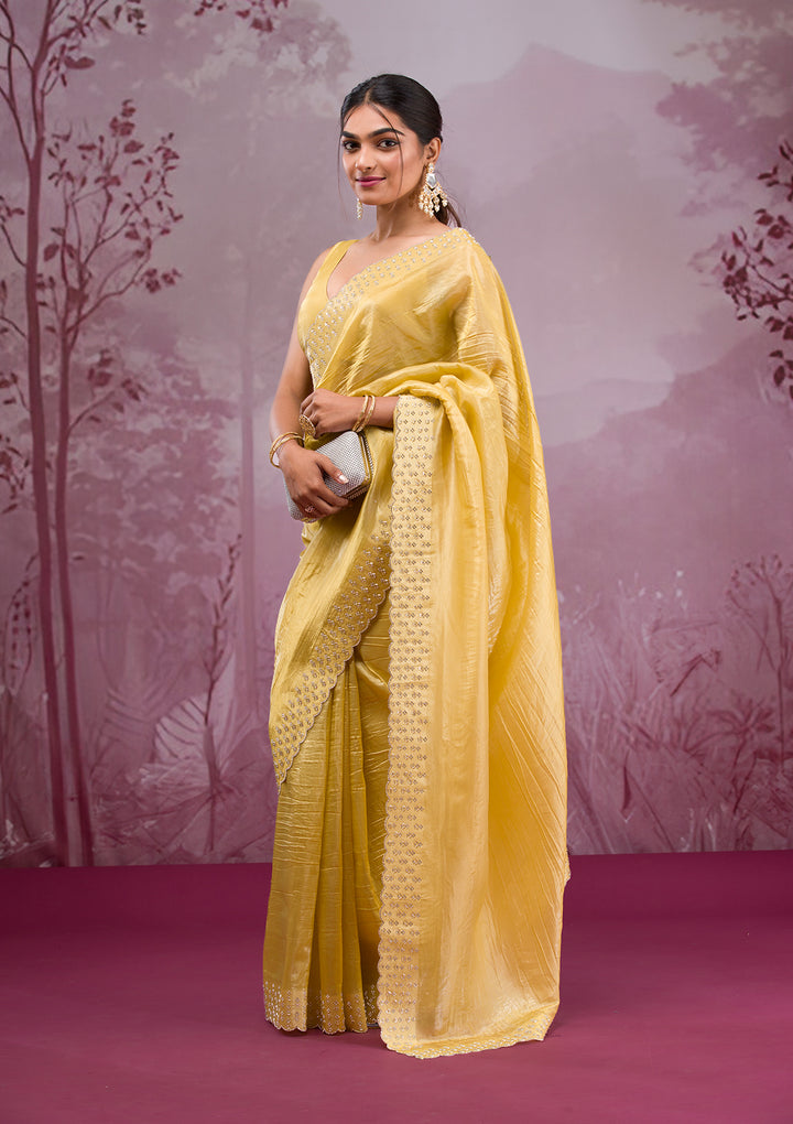 Yellow Swarovski Tissue Saree