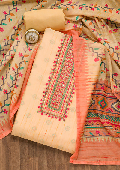 Yellow Threadwork Chanderi Unstitched Salwar Suit-Koskii